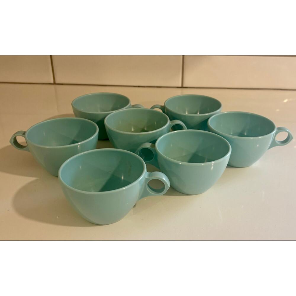 Set of 7 Vintage Melmac (Windsor & Roymac Royalon) Coffee Cups Laguna Turquoise